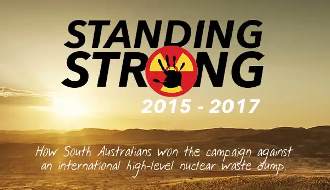 Standing Strong book cover, desert sumset and anti nuclear symbol