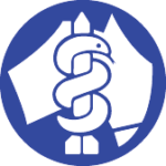 logo of the Medical Association for Prevention of War - Australia. Blue circle with white image, the island of Australia with a snake wrapped around a nuclear missile in front of it.