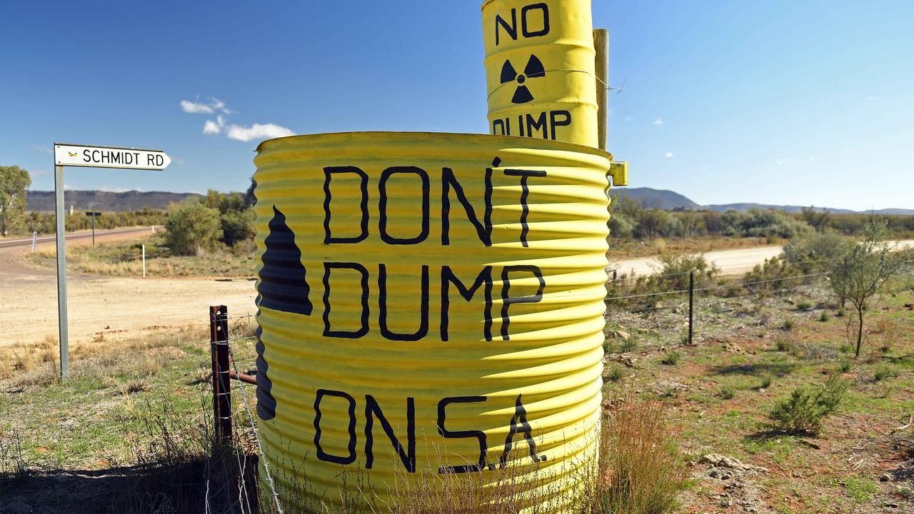 nuclear waste barrel painted with "Don't dump on SA," in Wallerberdina, Flinders Ranges