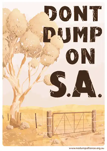 Dont sump on SA in large font. collage style digital design of eucalypt tree, farmland and fencing